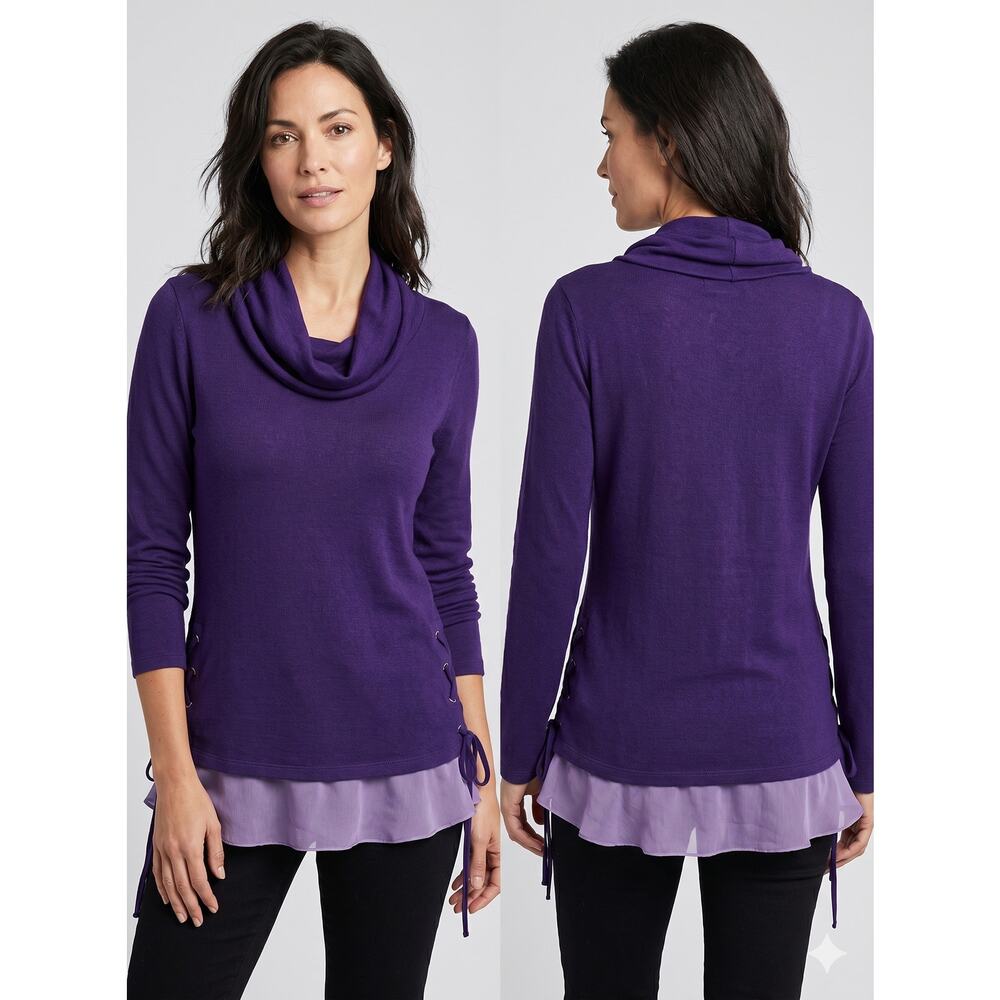 belle by belldini Medium Purple Cowlneck Pullover Top with Sheer Hem